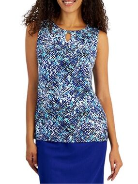 Kasper Printed Pleated Keyhole Neck Sleeveless Summer Blouse Top Shell NEW XL